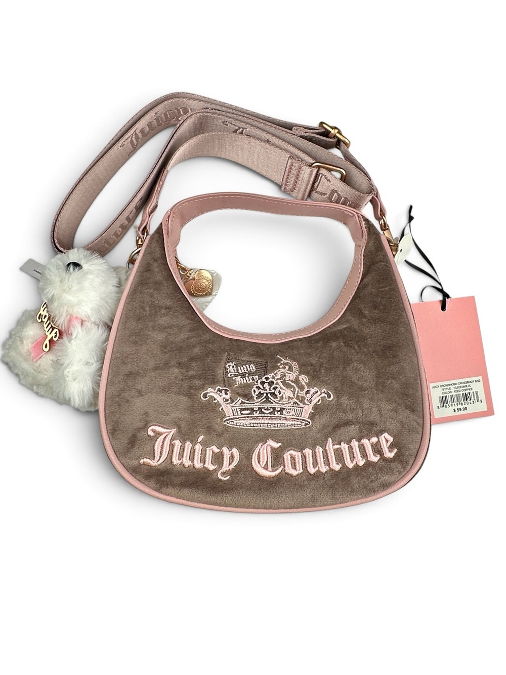 NWT Juicy Couture Crown Hobo Crossbody Bag Iced Coffee + Scottie Dog Charm